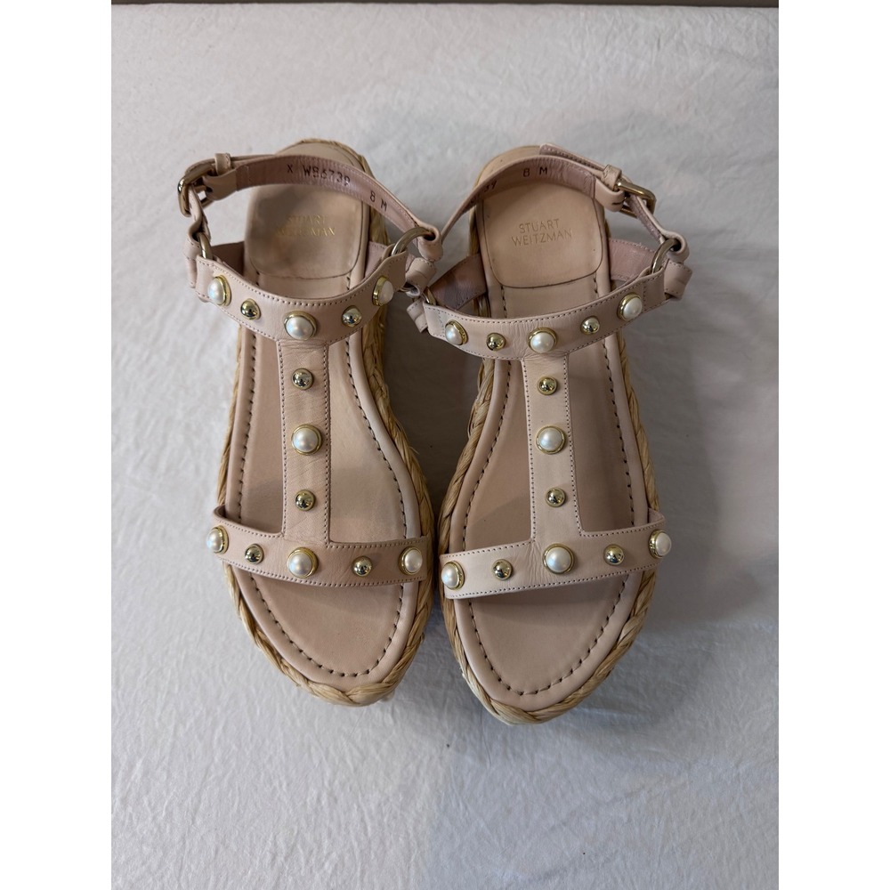 Stuart Weitzman Pearl Studded Raffia Platform Wedge Sandals Nude Leather 8M